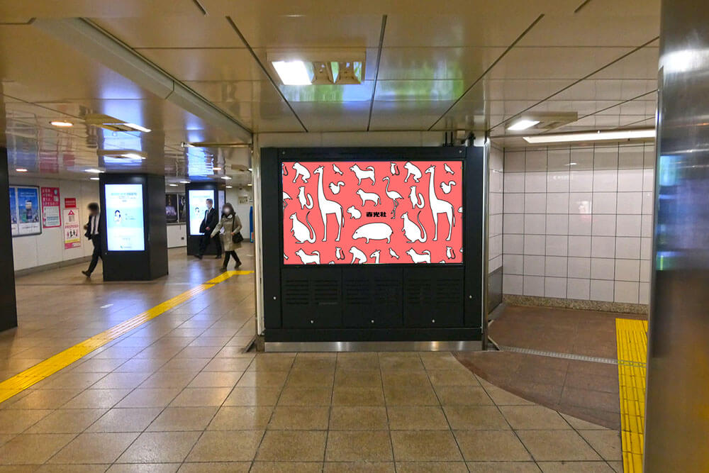 東京メトロ恵比寿駅改札周辺などの駅利用者の導線上にあり、ヨコ型のデジタルサイネージ媒体