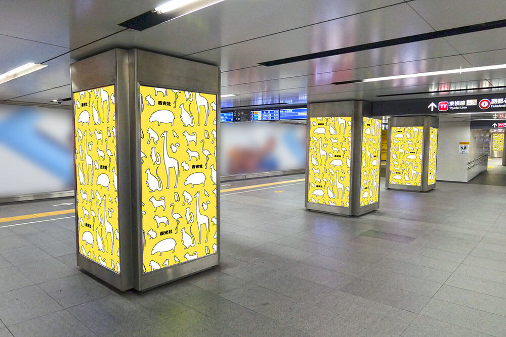 東急東横線渋谷駅B4F田園都市線乗換通路の柱壁面に、内照式フィルム広告で掲出される、媒体